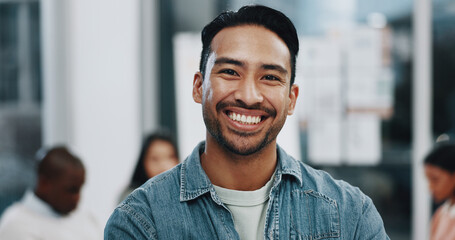 Happy, portrait and asian man with team in confidence for leadership, meeting or productivity at...