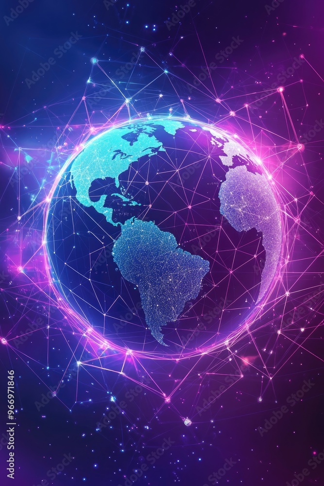 Poster world map illustration representing a global social network futuristic design with violet and blue t