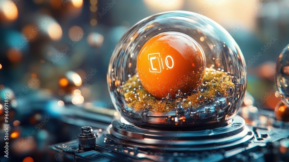 Poster abstract tech sphere with orange symbol.