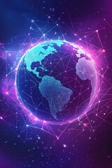 Naklejka premium World map illustration representing a global social network Futuristic design with violet and blue tones featuring planet Earth emphasizing connectivity through technology and a floating geometric