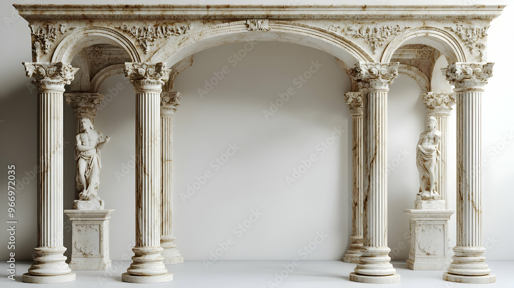Poster ornate marble archway with columns and statues, showcasing classical architecture.