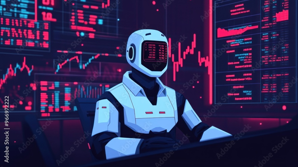 Aufkleber ai robot working in financial trading room.