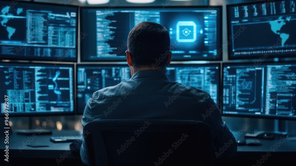 Poster cybersecurity analyst working late at night.