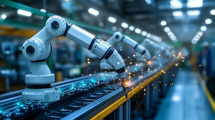 Robotic arms performing welding tasks on an industrial assembly line.