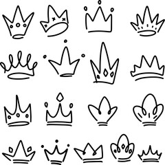 Set of crown illustrations in sketching style. Corona symbols. Tiara icons.