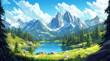Hand drawn 2D cartoon illustration of a stunning mountain landscape featuring an alpine lake and distant spruce forest