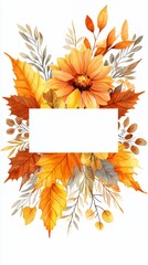 This autumn floral wreath showcases vibrant leaves and flowers in soft pastels, designed for customizable text in two white bordered areas, perfect for celebration themes
