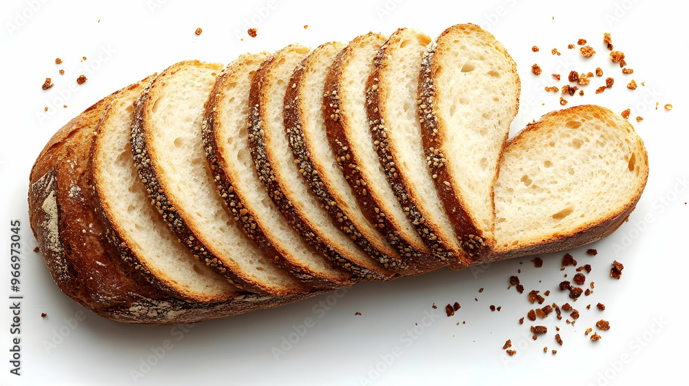 Poster sliced bread arranged neatly on a white surface, showcasing its texture and crust.