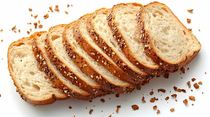 Sliced bread with sesame seeds, scattered crumbs on a white background.