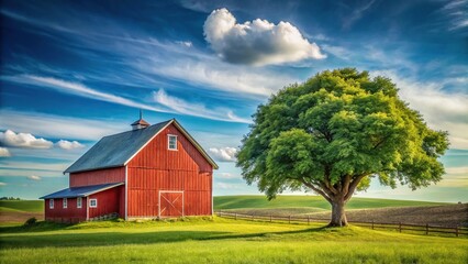 Obraz premium Symmetrical countryside landscape with red barn and tree