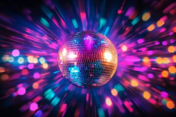 Dynamic nightclub atmosphere created by a shimmering disco mirror ball.