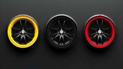 Three car wheels in black, yellow, and red colors displayed on a dark background.