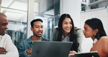 Business people, laptop and brainstorming in office for collaboration, discussion and creative agency. Startup, planning and partnership in workplace for teamwork, strategy or proposal with diversity