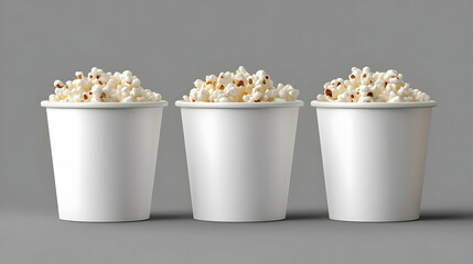 Three white cups filled with popcorn, arranged in a row on a gray background.