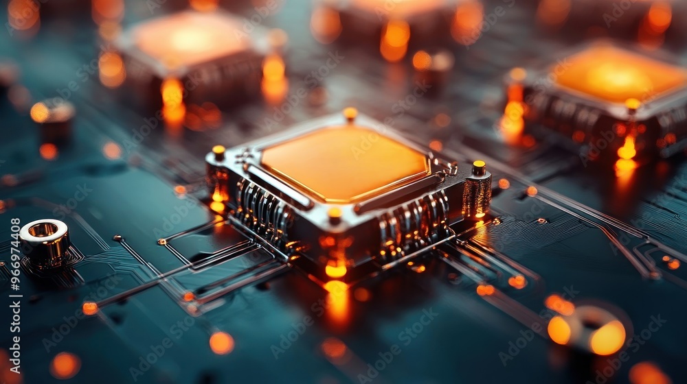 Poster illuminated circuit board with chips.