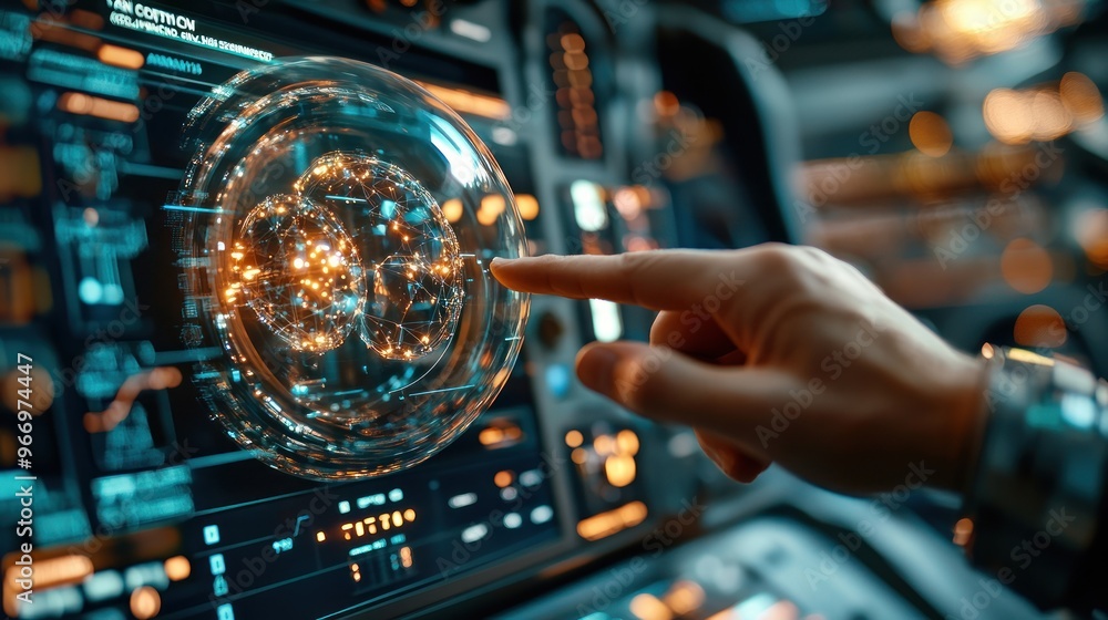 Poster futuristic interface with holographic globe.