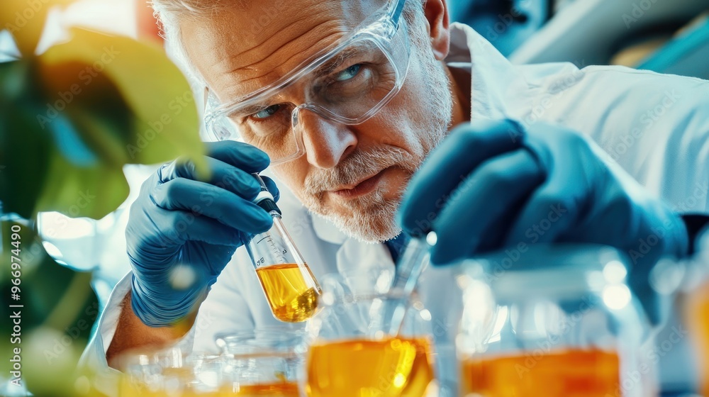 Poster senior scientist working in a lab.