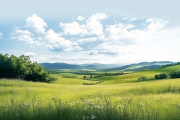 Obraz premium Wide-angle landscape of lush grasslands in the countryside.