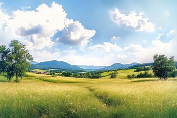 Fototapeta premium Scenic countryside panorama featuring vibrant grassland fields.