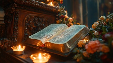 Open Bible with Candlelight