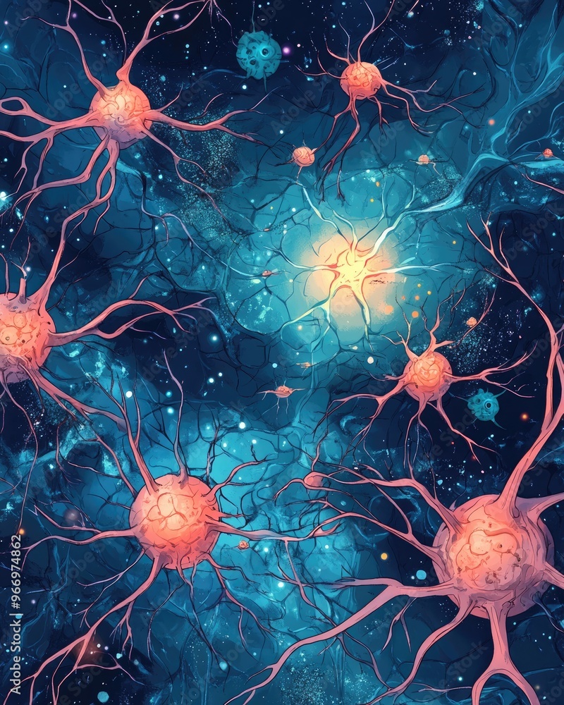 Poster 2d cartoon illustration of a neural network interconnected with stains and clots in a space setting