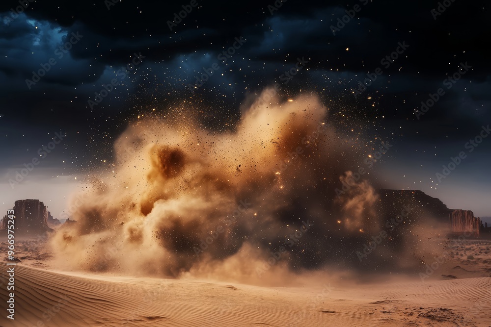 Poster dynamic backdrop of a desert engulfed in an explosive display.