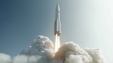 A rocket blasts off into the sky, leaving behind a trail of smoke as it ascends through the clouds