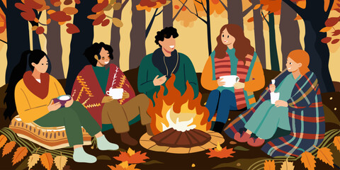 A heartwarming illustration of friends gathered around a campfire, enjoying cups of hot drinks, wrapped in cozy blankets amidst a backdrop of autumn foliage.