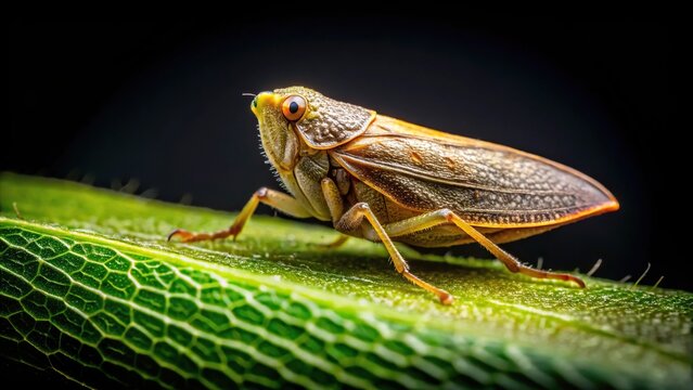 Symmetrical Flatid plant hopper sitting on the edge of a leaf against a black background