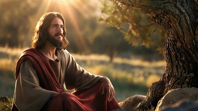 Jesus preaching under a tree, gentle light, vibrant colors, digital illustration, serene and devotional scene