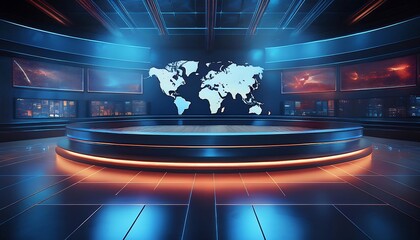 Modern Futuristic News Studio with World Map and Screens