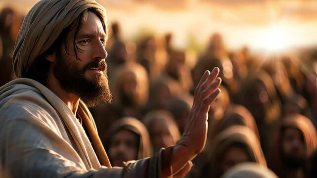 Jesus preaching under a tree, gentle light, vibrant colors, digital illustration, serene and devotional scene