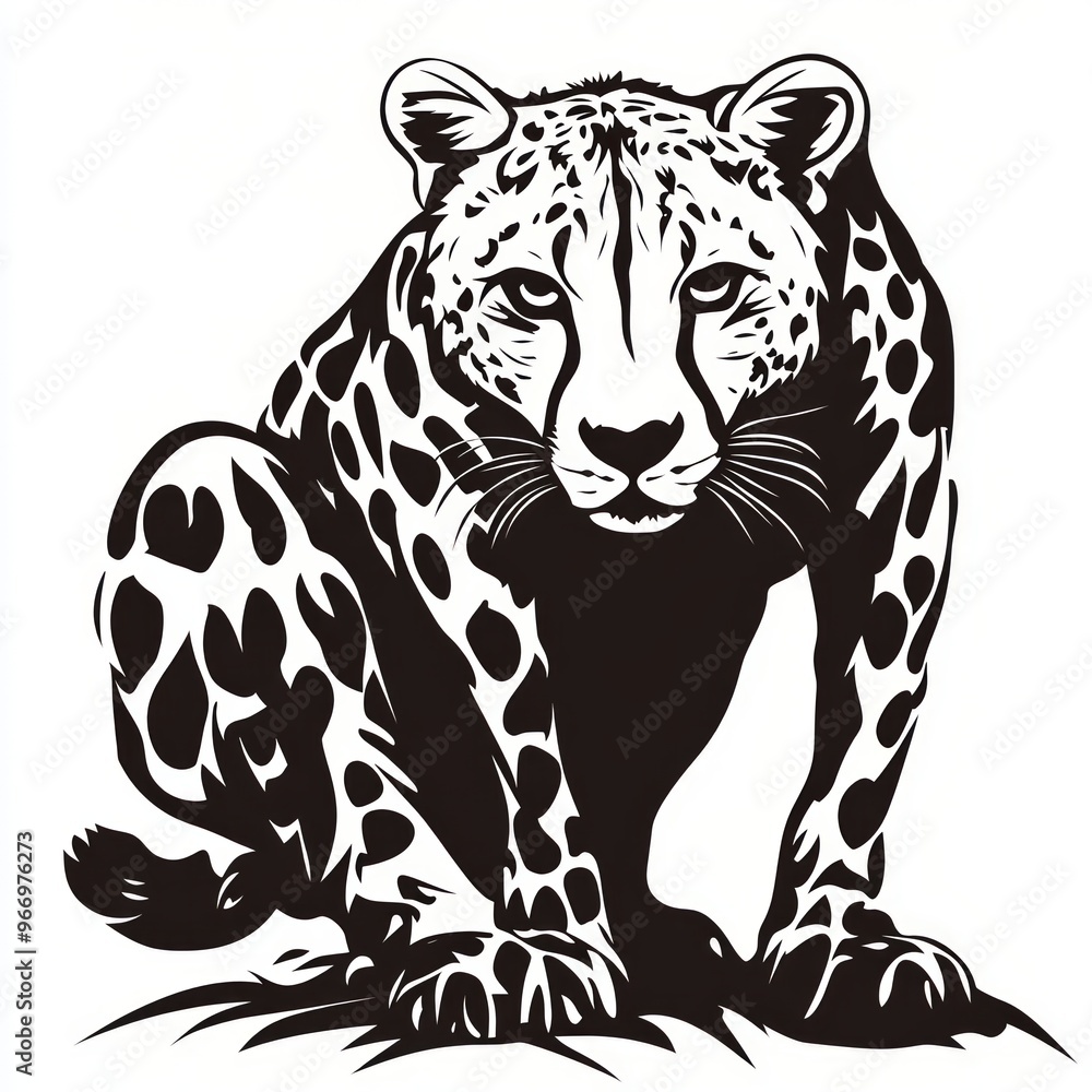 Canvas Prints A black and white illustration of a cheetah sitting with a serious expression.