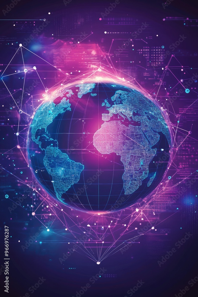 Poster world map illustration representing a global social network futuristic design with violet and blue t