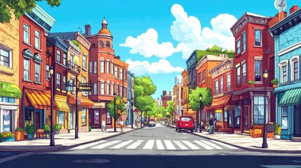 2D cartoon illustration sketch of a lively street scene with colorful buildings and bustling activity