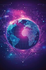 Naklejka premium World map illustration representing a global social network Futuristic design with violet and blue tones featuring planet Earth emphasizing connectivity through technology and a floating geometric