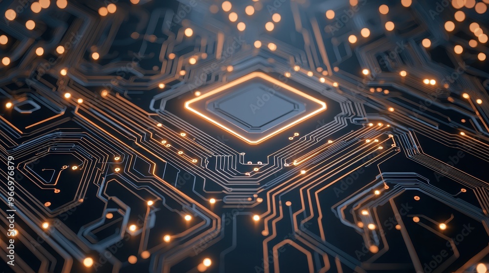 Poster abstract circuit board technology background with glowing lines and chip
