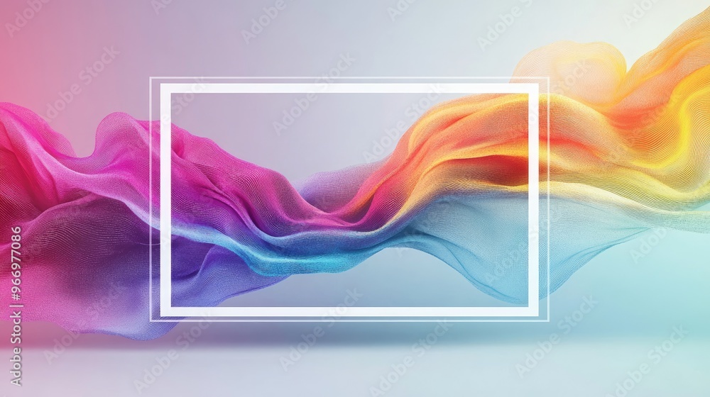 Poster vibrant abstract illustration depicting a digital realm with fluid elements a white frame and a digi