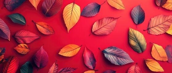 Illustration of autumn leaves set against a vibrant red background