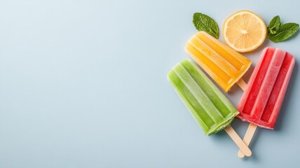 Rainbow of fruit popsicles arranged in gradient pattern, symbolizing healthy refreshment.