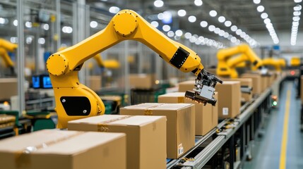 Industrial Robot Arm Moving Cardboard Boxes on Conveyor Belt in Warehouse