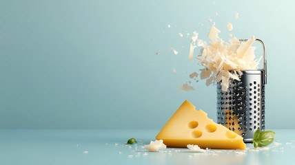 Stylized illustration of cheese grater and Parmesan wedge in bold lines.