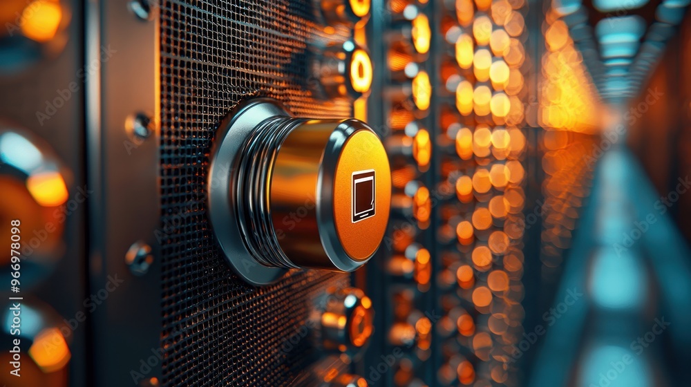 Aufkleber close up of a server rack with a single button in focus.