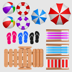 Swimming equipment, beach ball, lifebuoy, umbrella, footwear, beach chair. Vector Illustration