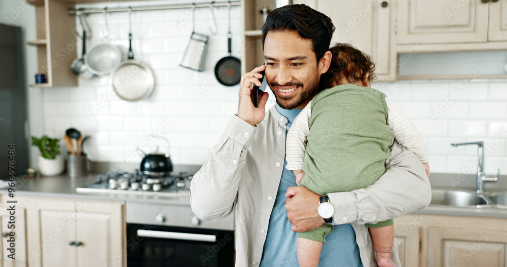 Poster phone, call and dad with baby in kitchen sleeping for networking, communication or work from home. c