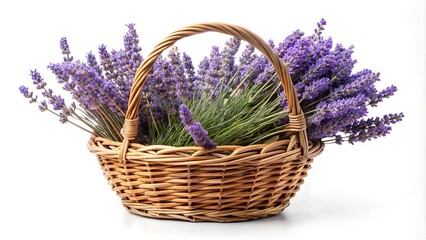 Symmetrical isolated basket with lavender on white background