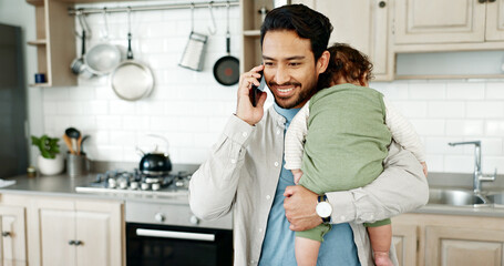 Phone, call and dad with baby in kitchen sleeping for networking, communication or work from home....
