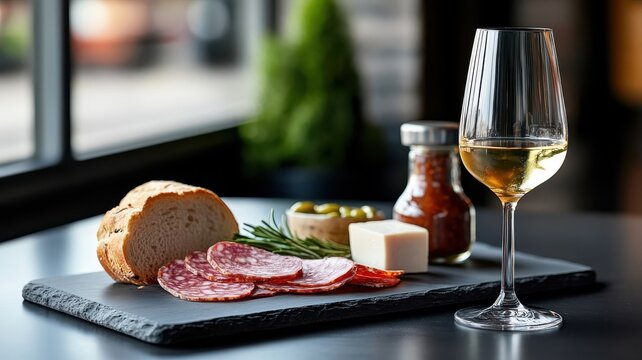 Gourmet presentation of charcuterie with salami, ham, and chorizo on a stylish slate board, with artisan breads and condiments.