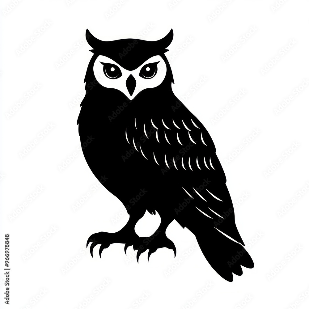 Wall mural A black and white silhouette of an owl facing forward with its eyes wide open.