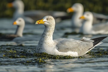 Fototapeta premium Seagulls floating gracefully on tranquil waters amongst seaweed